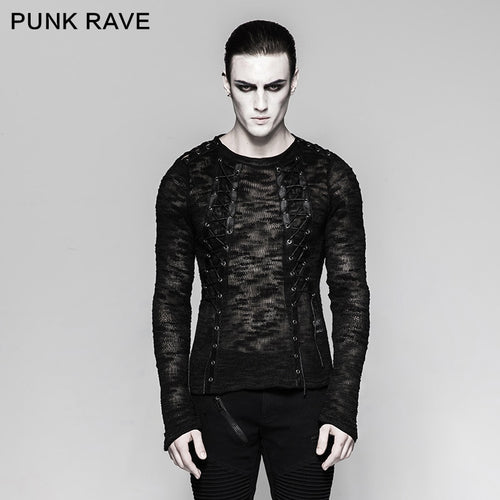 Punk Rave Men's Sweater Sexy Hollow-out Strappy Sweater Gothic Punk Black Streetwear Hip Hop Rock Long Sleeve Top Shirt