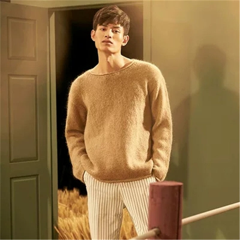 100% hand made pure wool knit men fashion Oneck solid H-straight loose pullover sweater white 4color customized