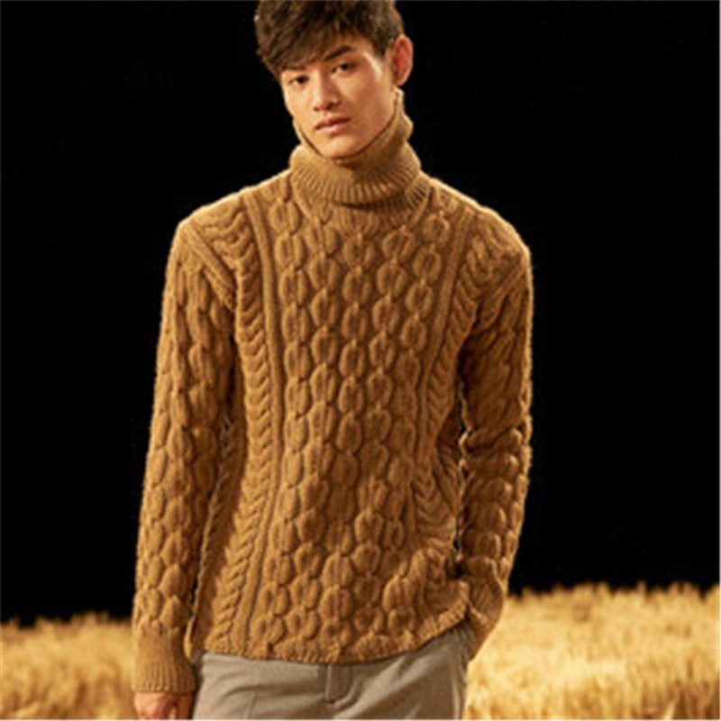 100%hand made pure wool turtleneck knit men fashion twisted pullover sweater one&over size