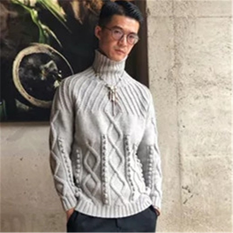 100% hand made pure wool turtleneck knit men fashion twist solid short pullover sweater customized