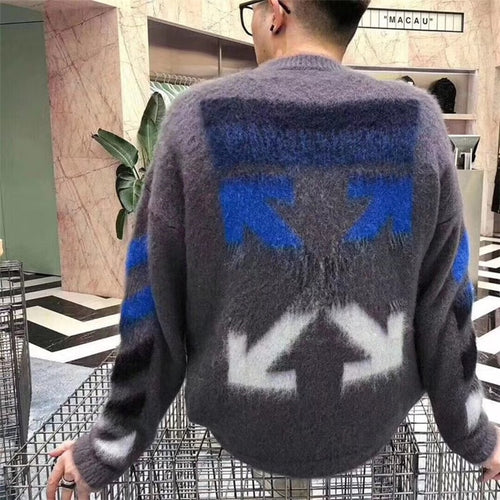 【HSY】2019 Autumn Winter New High End men Soft Brushed Mohair Woven Motifs Crewneck Pullover Knit Sweater