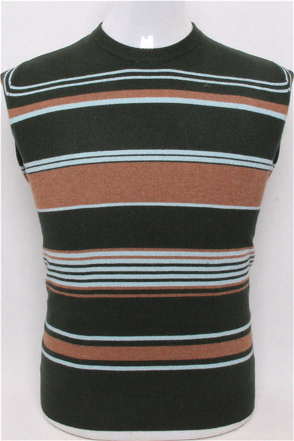 top grade pure goat cashmere men fashion o-neck contrast color striped pullover sweater army green 2color S/4XL