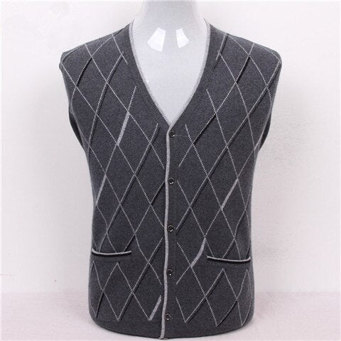 high quality goat cashmere argyle knit men fashion v-neck thick cardigan sweater red 2color S/3XL