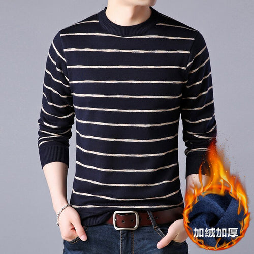 Autumn and winter plus velvet thick warm sweater men round neck striped sweater men's business sweater Free Shipping