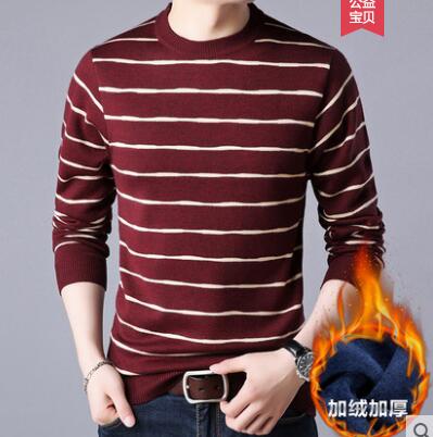 Autumn and winter plus velvet thick warm sweater men round neck striped sweater men's business sweater Free Shipping