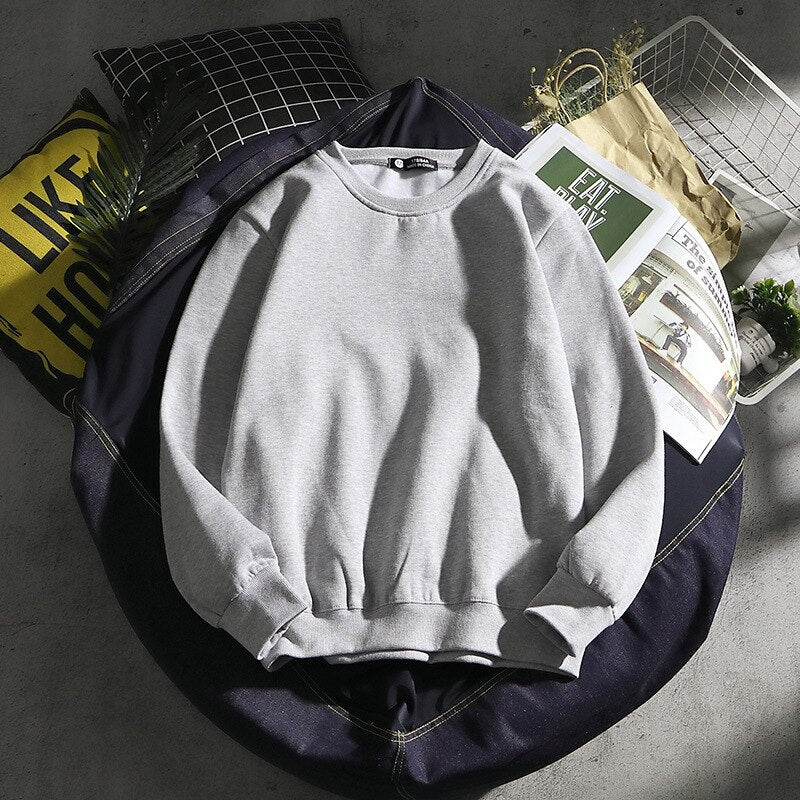 Solid color round neck long-sleeved t-shirt men's autumn and winter plus velvet sweater hood loose wild trend inside 87.98