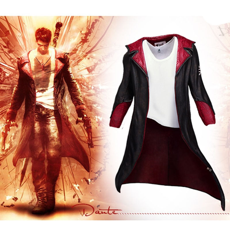 DMC Dante Cosplay Costume Leather Trench Long  Jacket With Sleeveless Sweater Vest for Women Men