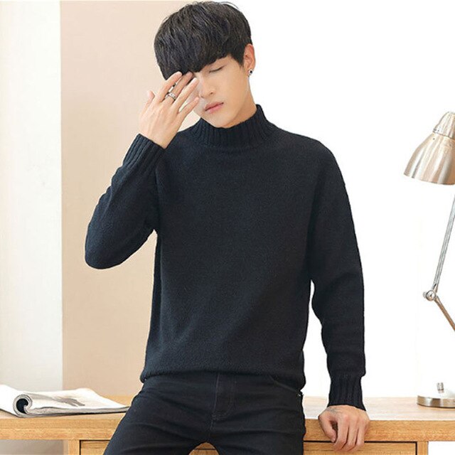 2019 New Winter Fashion Half High Collar Men Sweater Long Sleeve Thickened Pullover Sweater Solid Slim Knitted MZM560