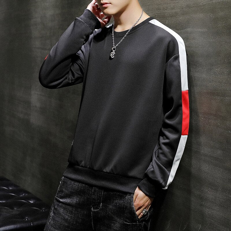 Youth round neck stitching long-sleeved t-shirt men's solid color sweater men's casual slim headband shirt 128.35