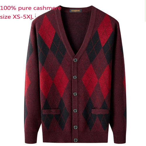 New 100% Cashmere Cardigan Autumn Men Wool Plaid Thermal Sweater Jacket Computer Knitted V-neck High Quality Plus Size XS-5XL