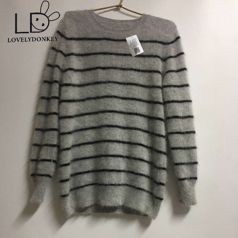 LOVELYDONKEY genuine mink cashmere sweater men  pure stripe sweater pullovers sweater free shipping Wholesale price m303