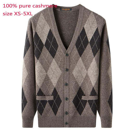 New 100% Cashmere Cardigan Autumn Men Wool Plaid Thermal Sweater Jacket Computer Knitted V-neck High Quality Plus Size XS-5XL