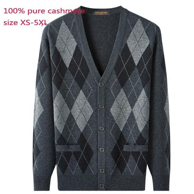 New 100% Cashmere Cardigan Autumn Men Wool Plaid Thermal Sweater Jacket Computer Knitted V-neck High Quality Plus Size XS-5XL