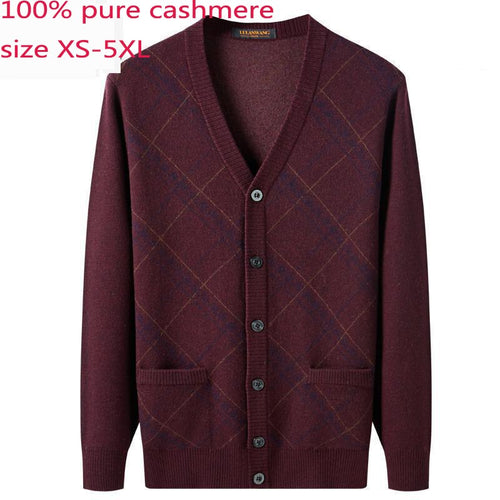 New Men 100% Pure Cashmere Sweaters Autumn Winter Casual Computer Knitted V-neck Single Breasted Cardigan Plaid Plus Size XS-5XL