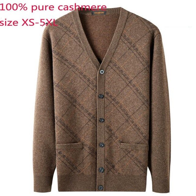 New Men 100% Pure Cashmere Sweaters Autumn Winter Casual Computer Knitted V-neck Single Breasted Cardigan Plaid Plus Size XS-5XL