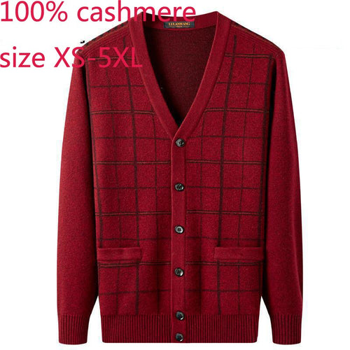 New High Quality Men 100% Pure Cashmere Thickened Wine Red Sweater Coat Knitted V-neck Thick Cardigan Plaid Plus Size XS-4XL 5XL