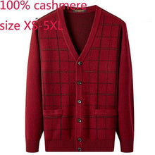 Load image into Gallery viewer, New High Quality Men 100% Pure Cashmere Thickened Wine Red Sweater Coat Knitted V-neck Thick Cardigan Plaid Plus Size XS-4XL 5XL