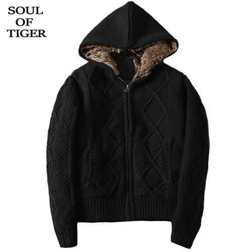 SOUL OF TIGER New 2019 Korean Fashion Mens Fur Padded Sweaters Male Loose Casual Cardigans Winter Warm Hooded Clothing Plus Size