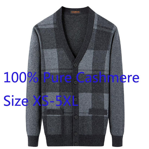 New High Quality Winter Thickened 100%pure Cashmere Knitted Cardigan Loose Sweater Men Jacket Casual V-neck Plaid Plus Size 5XL