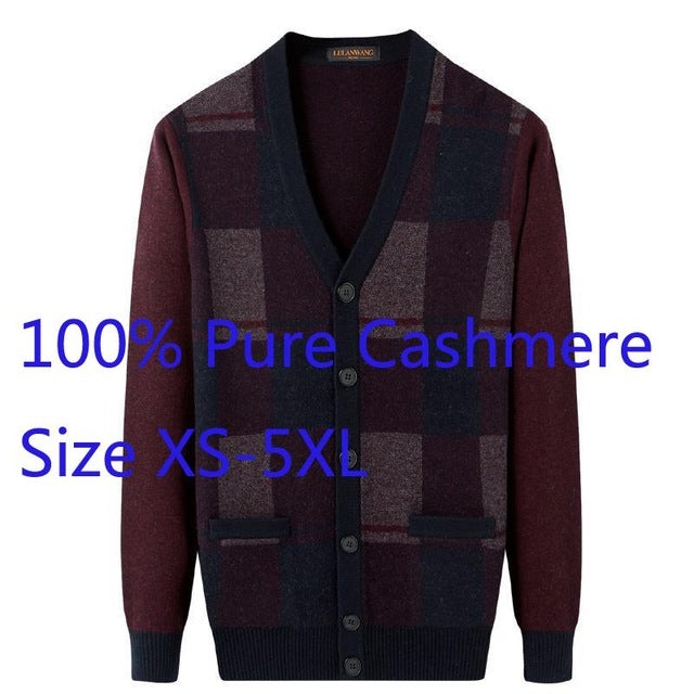New High Quality Winter Thickened 100%pure Cashmere Knitted Cardigan Loose Sweater Men Jacket Casual V-neck Plaid Plus Size 5XL