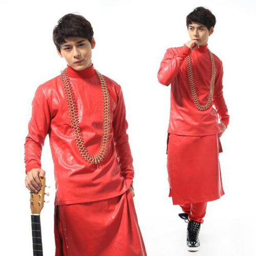 Star with the same paragraph fashion personality costume men big red leather sweater suit (top + pants + apron)