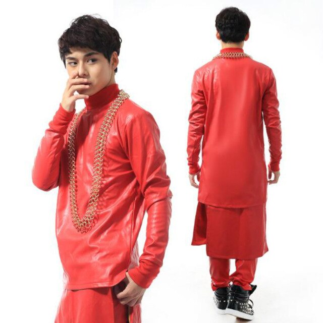 Star with the same paragraph fashion personality costume men big red leather sweater suit (top + pants + apron)