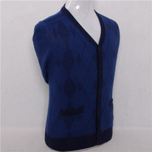 Load image into Gallery viewer, pure goat cashmere argyle plaid knit men fashion v-neck thick loose cardigan sweater blue 4color S/4XL