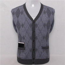 Load image into Gallery viewer, pure goat cashmere argyle plaid knit men fashion v-neck thick loose cardigan sweater blue 4color S/4XL