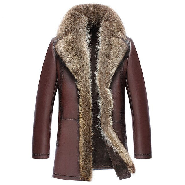 Leather leather sheepskin men's suit collar raccoon sweater collar men's jacket cashmere lining winter warm men's jacket
