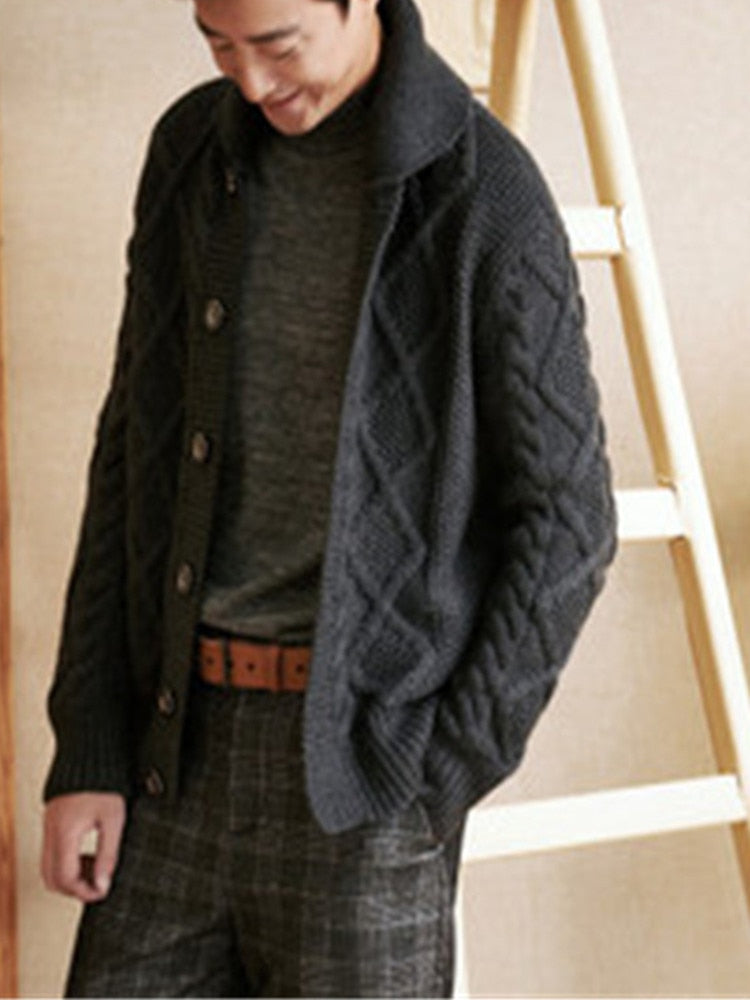 100%hand made pure wool thick knit men korean style solid turn-down collar single breasted cardigan sweater one&over size