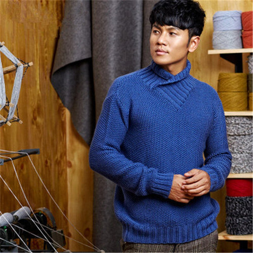 100% hand made pure wool turn-down collar knit men brief solid loose pullover sweater one&over size