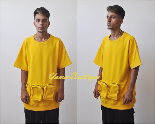 Tactical Front & Back Pockets Sweater Oversized Short Sleeve Pullover / Hong Kong Street Fashion / Men's Punk Casual Overlongter