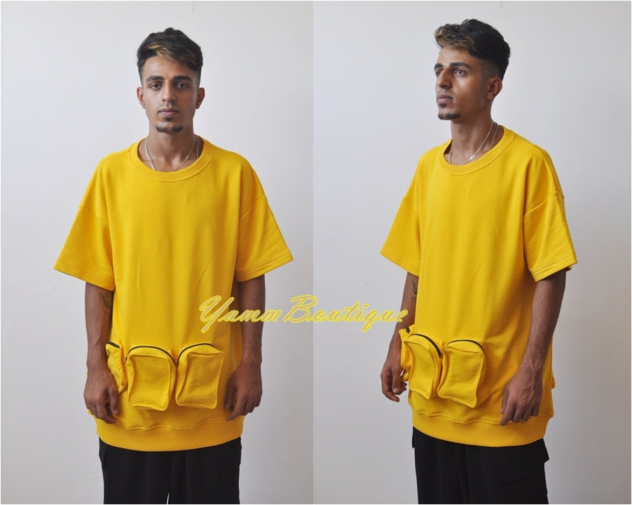 Tactical Front & Back Pockets Sweater Oversized Short Sleeve Pullover / Hong Kong Street Fashion / Men's Punk Casual Overlongter