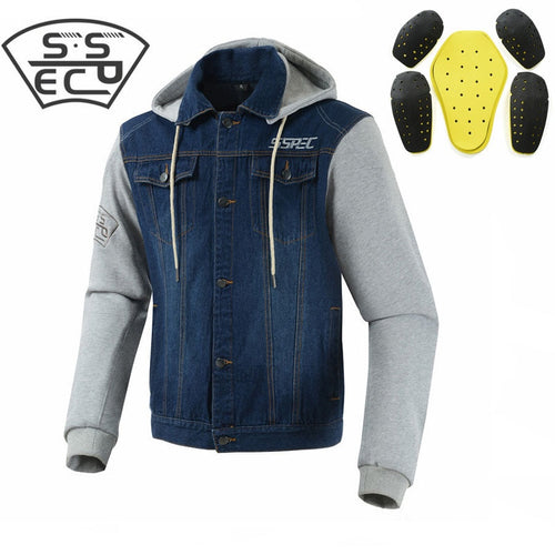SSPEC Spring Summer Men's Denim Motorcycle Jacket Motocross Racing hoodies fashion casual sweater jacket With Protectors S~XXXL
