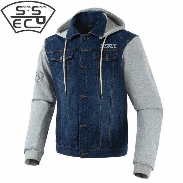 SSPEC Spring Summer Men's Denim Motorcycle Jacket Motocross Racing hoodies fashion casual sweater jacket With Protectors S~XXXL