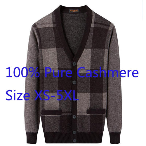 New High Quality Winter Thickened 100%pure Cashmere Knitted Cardigan Loose Sweater Men Jacket Casual V-neck Plaid Plus Size 5XL