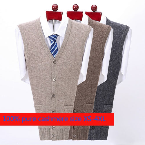 New High Quality Thickened Pure Cashmere Cardigan Waistcoat Men Loose Knitted Sweater Casual V-neck Sleeveless Plus Size S-4XL