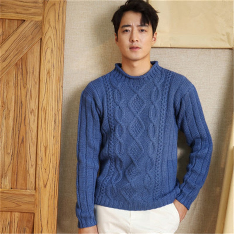 100%hand made pure wool Oneck twisted knit men solid brief H-straight pullover sweater one&over size