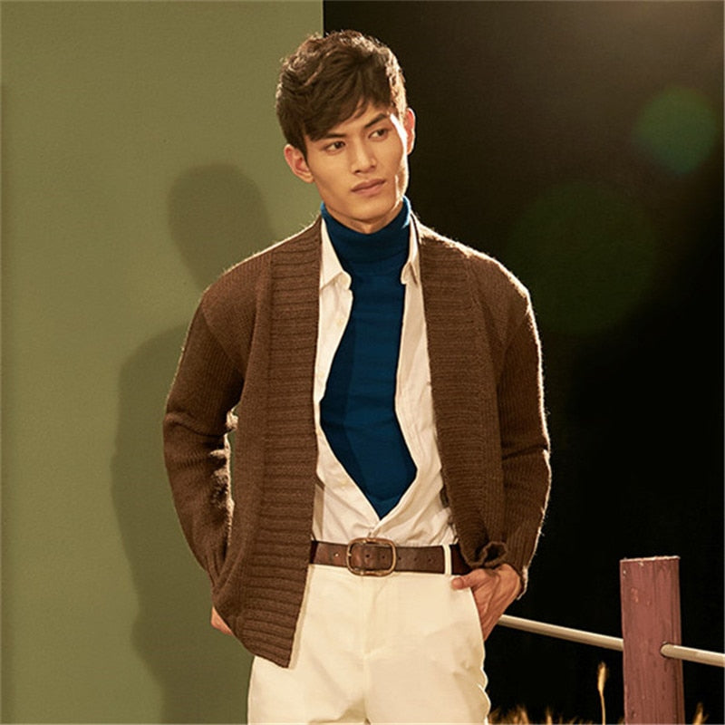 new arrival 100%hand made pure wool knit men fashion Vneck cardigan sweater one&over size