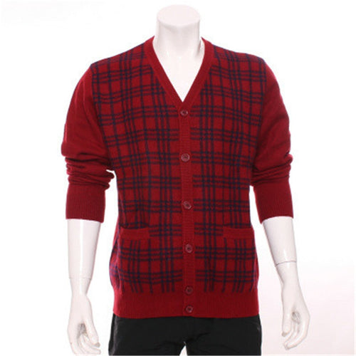 100%goat cashmere Vneck thick knit men fashion plaid cardigan sweater H-straight blue 2color S-2XL
