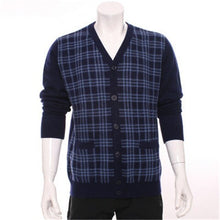 Load image into Gallery viewer, 100%goat cashmere Vneck thick knit men fashion plaid cardigan sweater H-straight blue 2color S-2XL