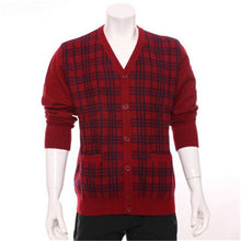 Load image into Gallery viewer, 100%goat cashmere Vneck thick knit men fashion plaid cardigan sweater H-straight blue 2color S-2XL