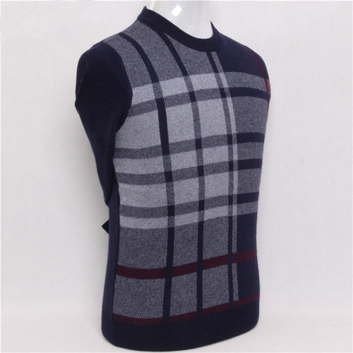 high quality pure goat cashmere jacquard plaid knit men fashion thick pullover sweater dark blue 2color S/4XL