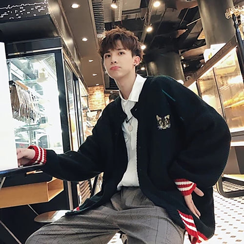 Korean Office Fashion Men Winter Sweater Cardigan Men Couple College Sweaters Spring Cat Print Casual Knitting Mens Sweaters2019
