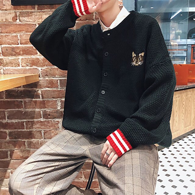 Korean Office Fashion Men Winter Sweater Cardigan Men Couple College Sweaters Spring Cat Print Casual Knitting Mens Sweaters2019