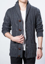 Load image into Gallery viewer, Korean Fashion Wooden Button Winter Male Cardigan Sweater Men Shawl Collar Knit Coat Grey Navy