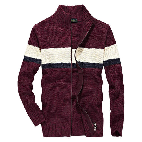 2018 New Wide Striped Cardigan Fleece Sweaters Casual Fashion Cargo Military Style Long Sleeve Stand Collar Retro Sweater