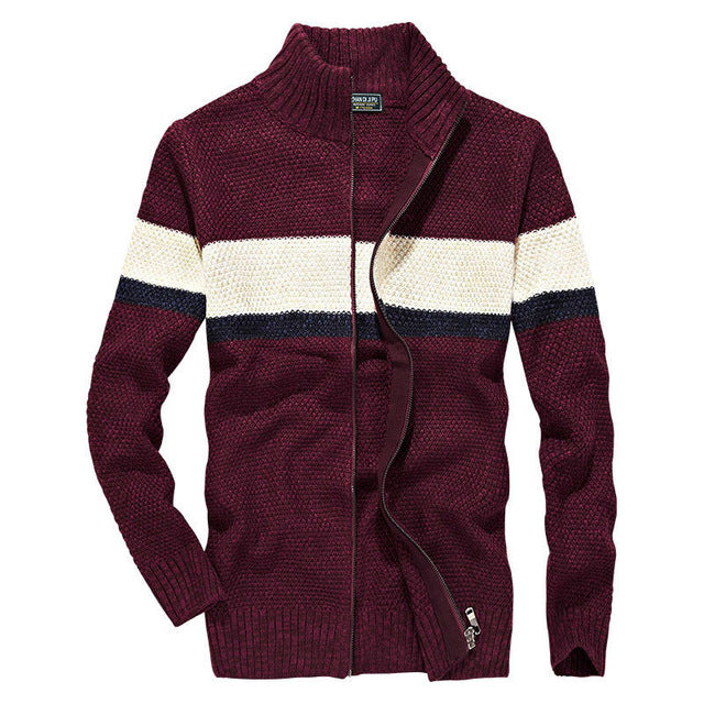 2018 New Wide Striped Cardigan Fleece Sweaters Casual Fashion Cargo Military Style Long Sleeve Stand Collar Retro Sweater