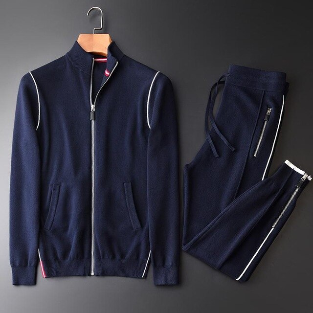 Minglu Autumn Men Sweater Zipper Cardigan White Edge Sweatercoat (sweatercoat+pants) Fashion Cotton Sets 2pcs Mens Sweaters