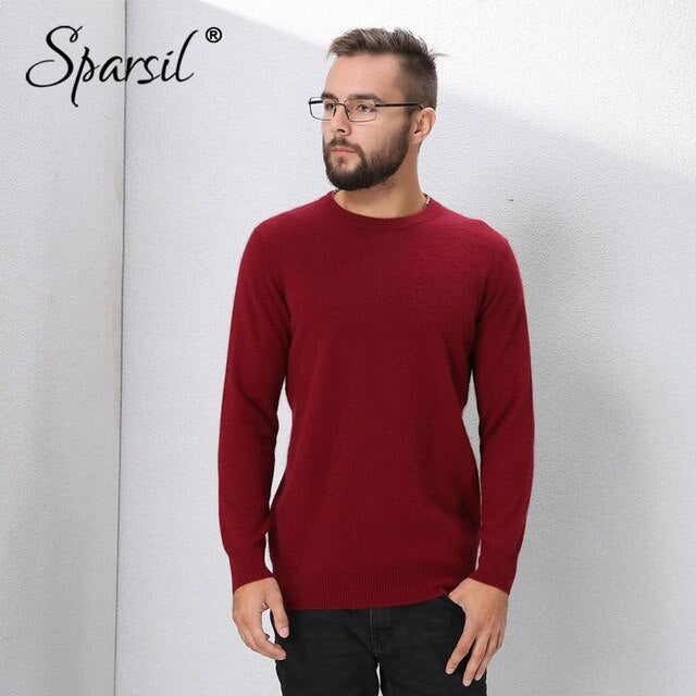 Sparsil Men Autumn Thick Pure Cashmere Sweater with Deer Suede Warm Soft Knitted Pullovers Winter O-Neck Anti-Pilling Sweater